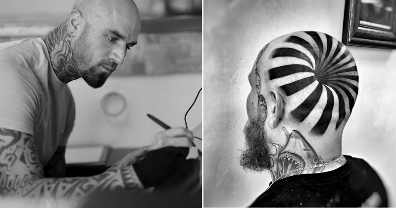 A mind-blowing tattoo creates the illusion of a gaping hole on a bald man's head