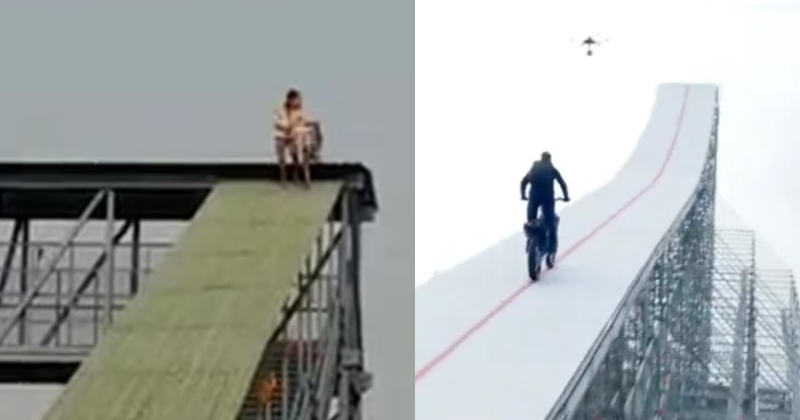 A daredevil cyclist's riding trick on the catwalk reminds people of Tom Cruise