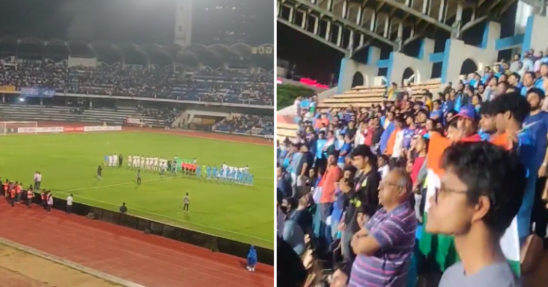 Audience at India vs Pakistan football match in Bangalore hold banners calling for peace