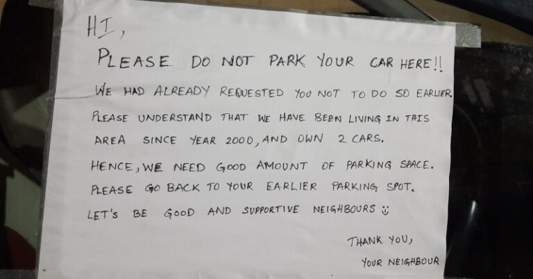 Bangalore Neighbor Leaves Polite Note Calling Dibs In Parking Space, Internet Says ‘Never In Gurgaon’