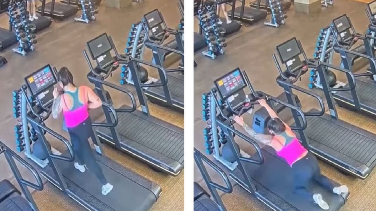 Woman losing pants in gym