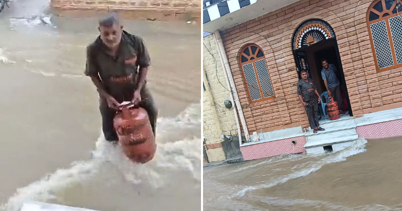 Worker struggles to deliver LPG cylinder amid heavy rain in Rajasthan, internet salutes his bravery
