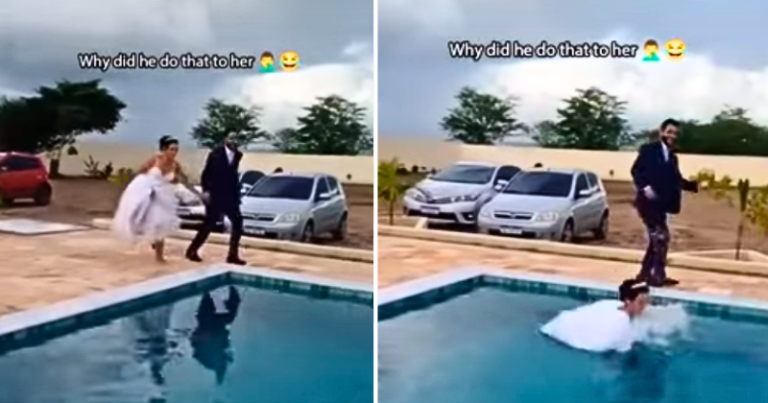 Groom pulls ‘brutal’ prank on wedding day and lets newlywed wife jump into pool alone