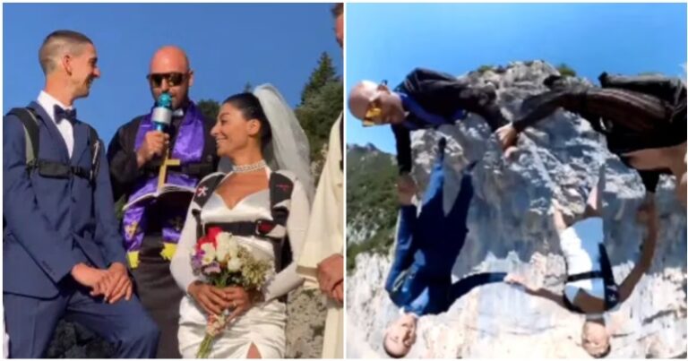 Love Takes A Leap: Bride, Groom Celebrate Wedding By Skydiving Off High Cliff With Guests