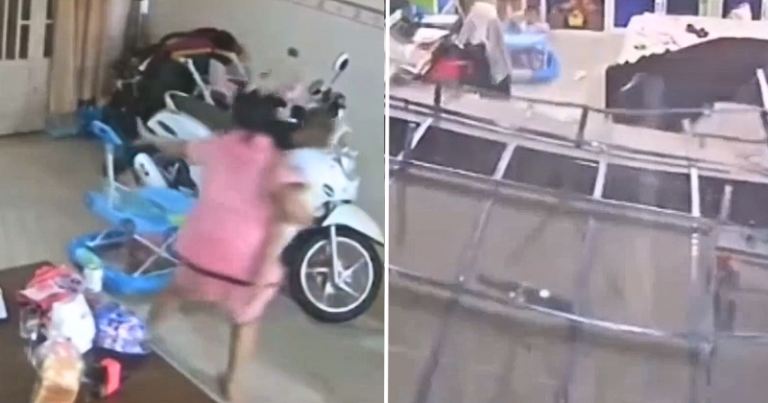 Mother rescues baby before roof collapses in terrifying video from Cambodia