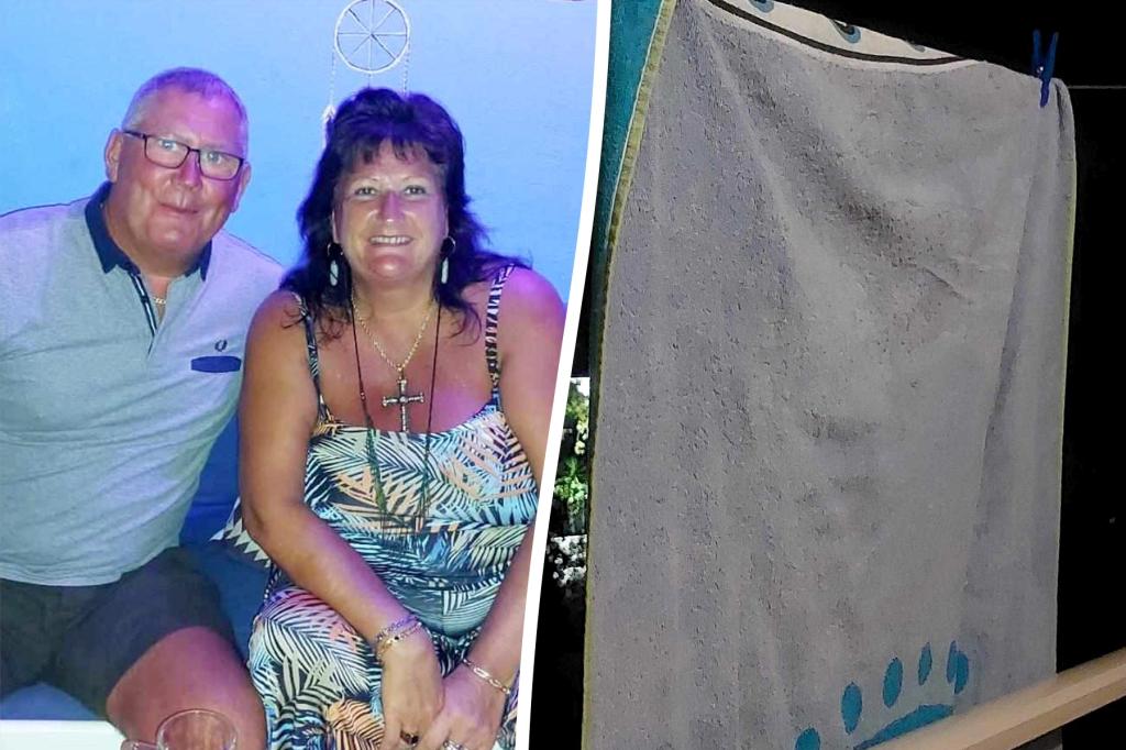 A couple sees Elvis's face on a beach towel, on the anniversary of his death