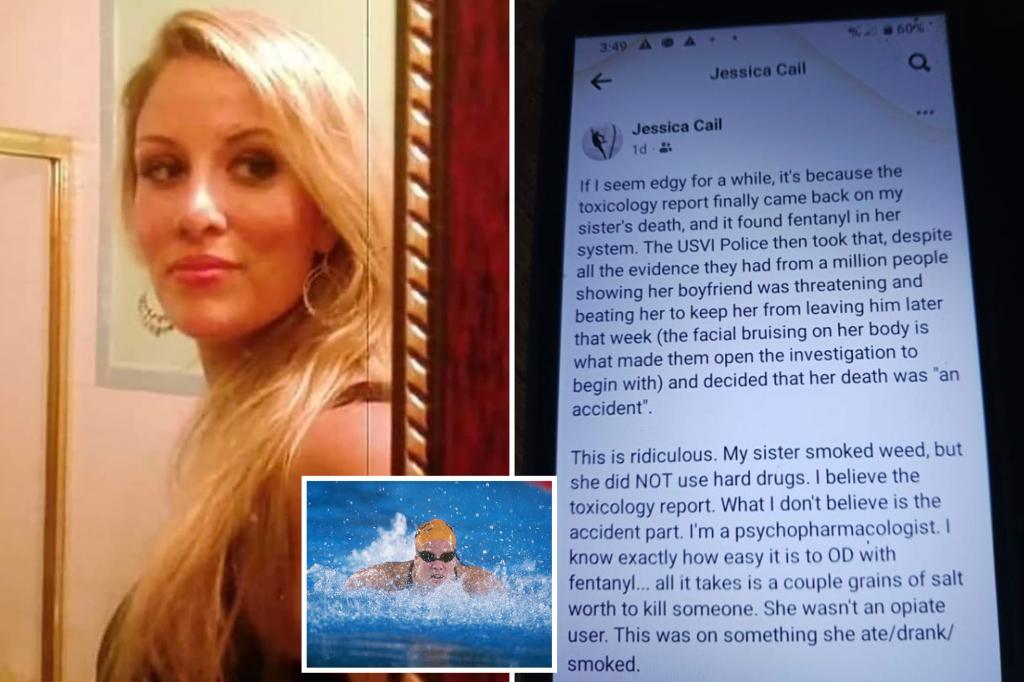 The family of late swim star Jamie Cail denies overdose allegations, claiming she was beaten to death, and photos of her body prove it