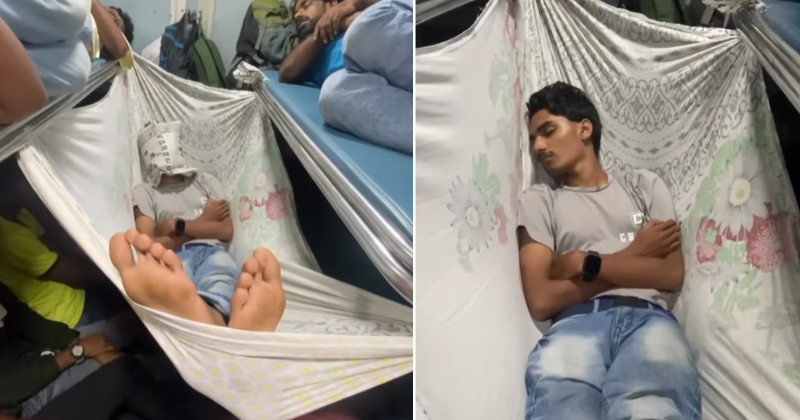 A man sleeps in a makeshift hammock on a train, his budget-friendly Jugaad becomes an instant hit!
