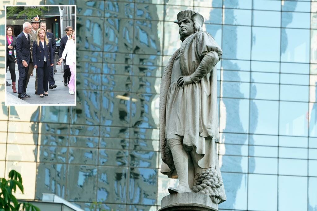 Italian Prime Minister Giorgia Meloni appears to honor Christopher Columbus statue in New York as 'woke' politicians mull tearing it down