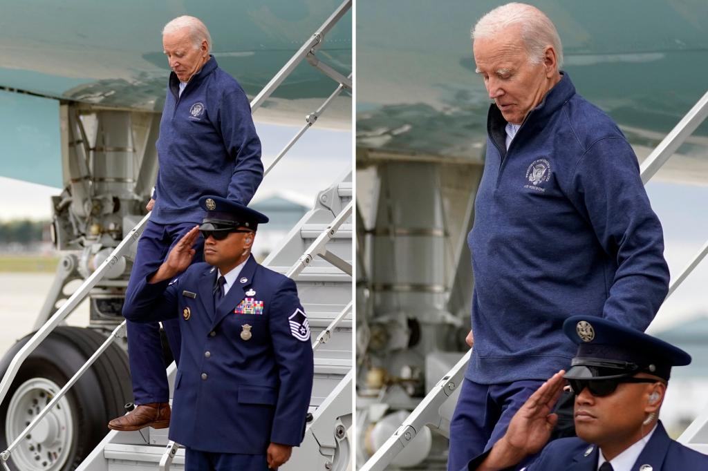 Joe Biden nearly fell as he exited Air Force One, just hours after his plans to prevent falls were revealed.