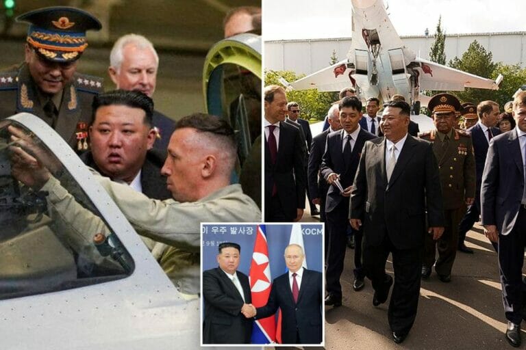 Kim Jong Un stops to see a fighter jet factory as Russia and North Korea are warned about arms deals.