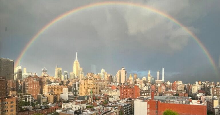 ‘Powerful symbol of hope’: Stunning double rainbow shines over New York as crowds pay tribute to 9/11 victims