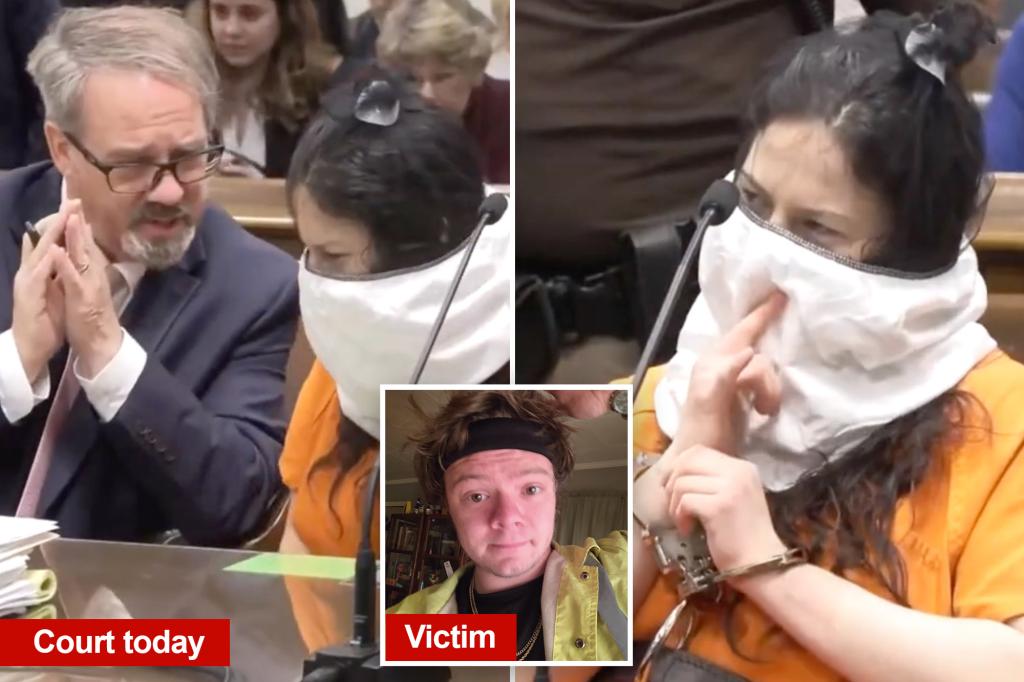 Taylor Schabusiness wears a spit hood when she is sentenced to life in prison without parole for mutilating and sexually abusing her lover's corpse.