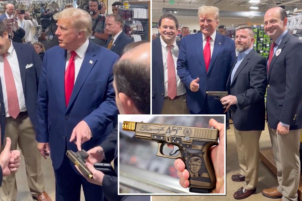 Trump ogles a gun with his face on it during his swing in South Carolina