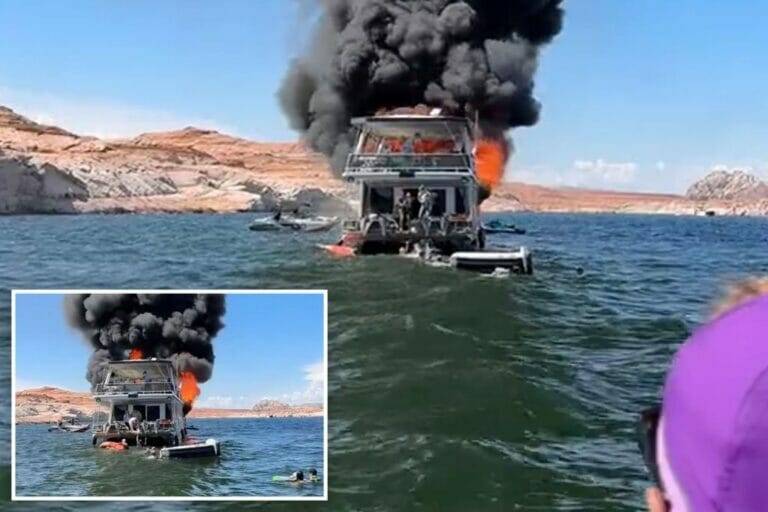 Two-month-old baby and dozens of other passengers abandon burning houseboat on Utah lake: video