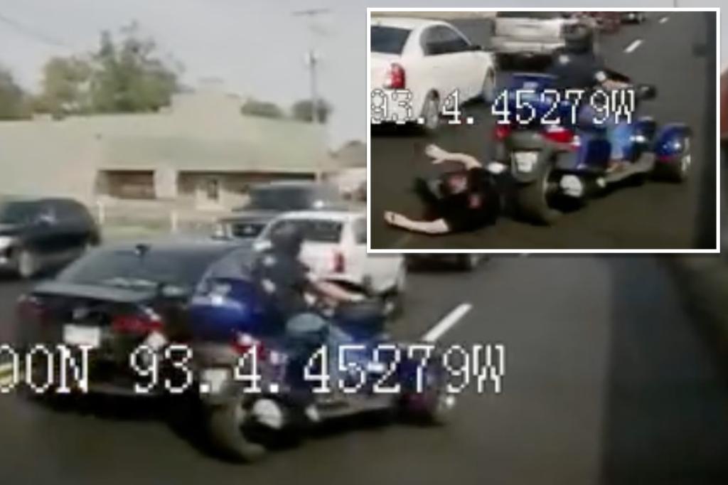 A bus almost runs over a woman who suddenly fell off a motorcycle in crazy street video