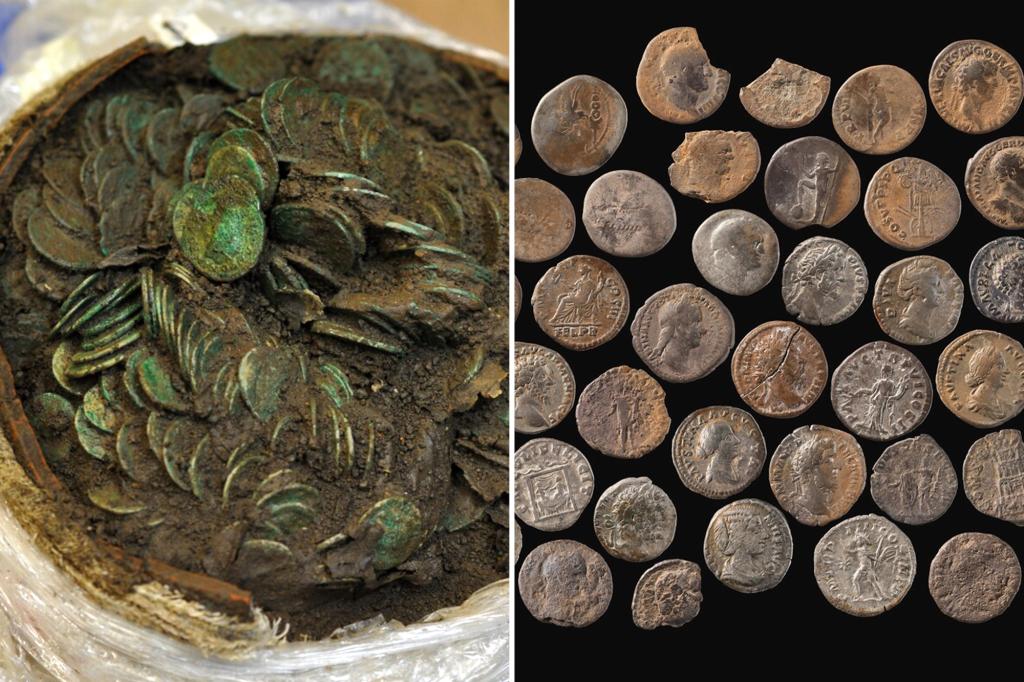 A cache of ancient coins in a Welsh field is 2,000 years old and may have been buried by Roman soldiers