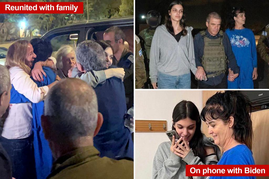 A touching photograph shows American hostages Judith and Natalie Raanan hugging their loved ones after their liberation from Hamas.