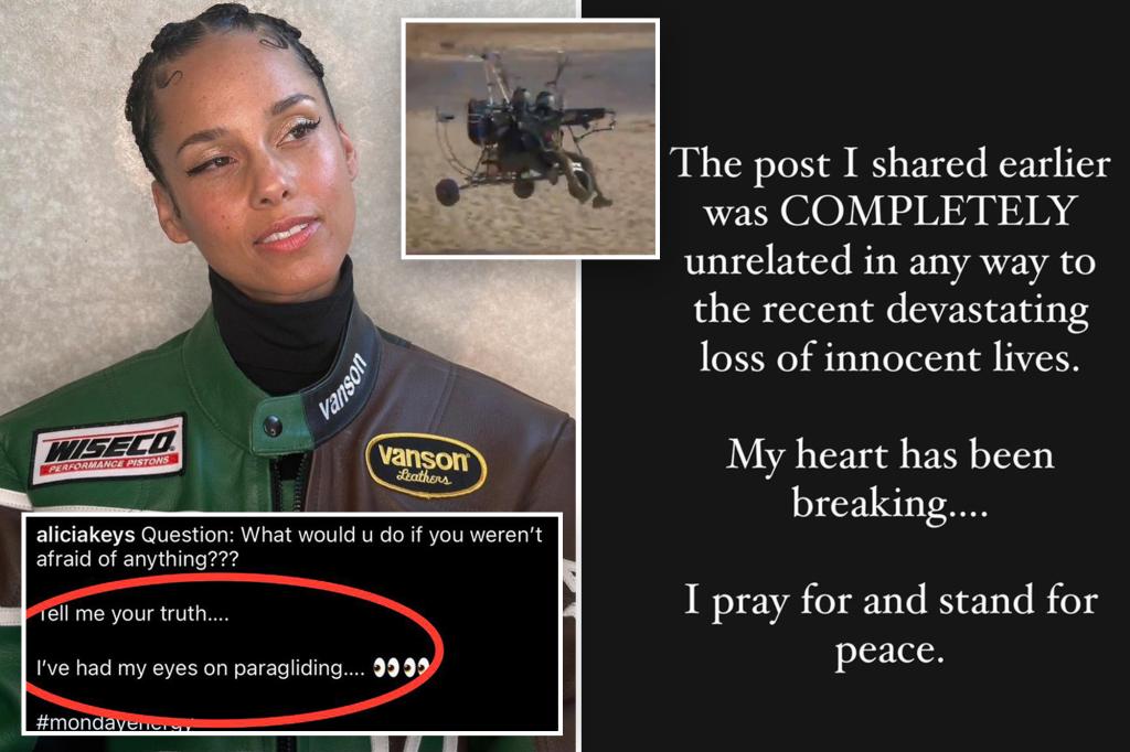Alicia Keys came under fire for a tone-deaf post about paragliders after Hamas used them in a deadly attack on an Israeli festival.