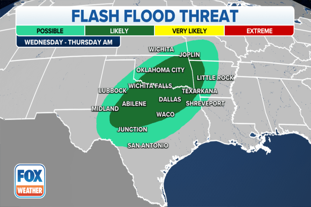 The flash flood risk from Wednesday, October 4, through Thursday, October 5, 2023.