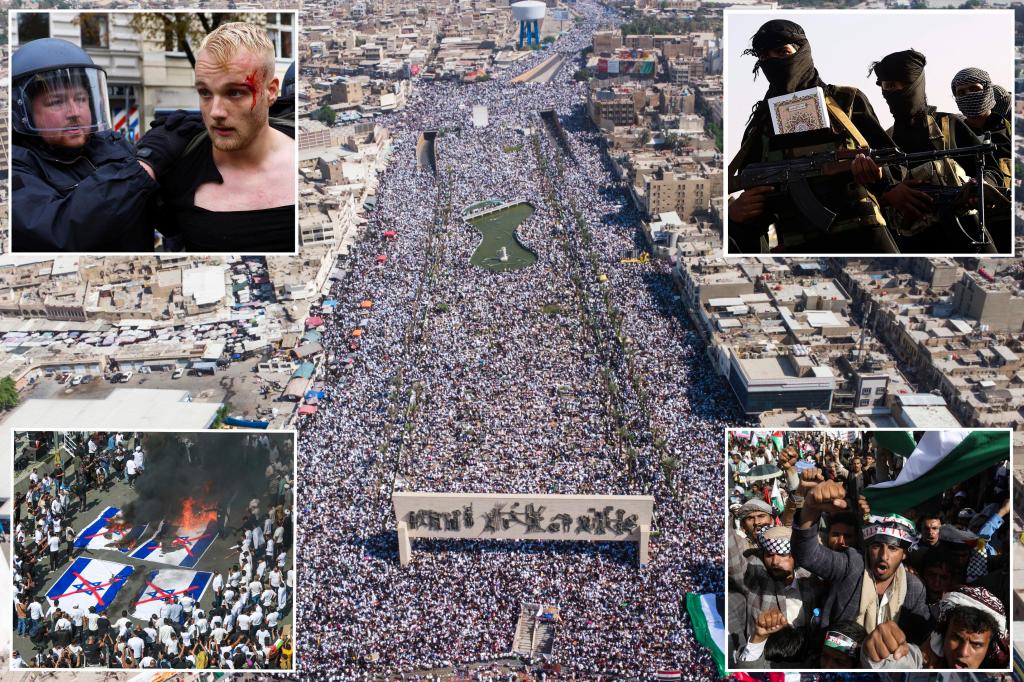 "Jihad Day" protests draw tens of thousands of people around the world as demonstrators clash with police and burn American and Israeli flags.