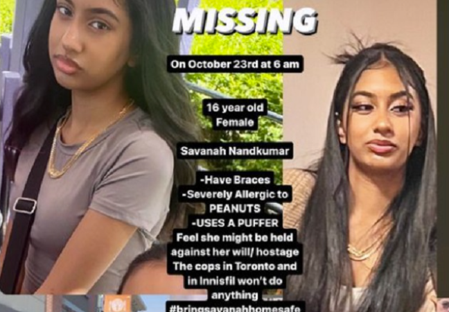 Missing Savanah Nandkumar: Who is 16 years old and originally from Ontario, Canada?