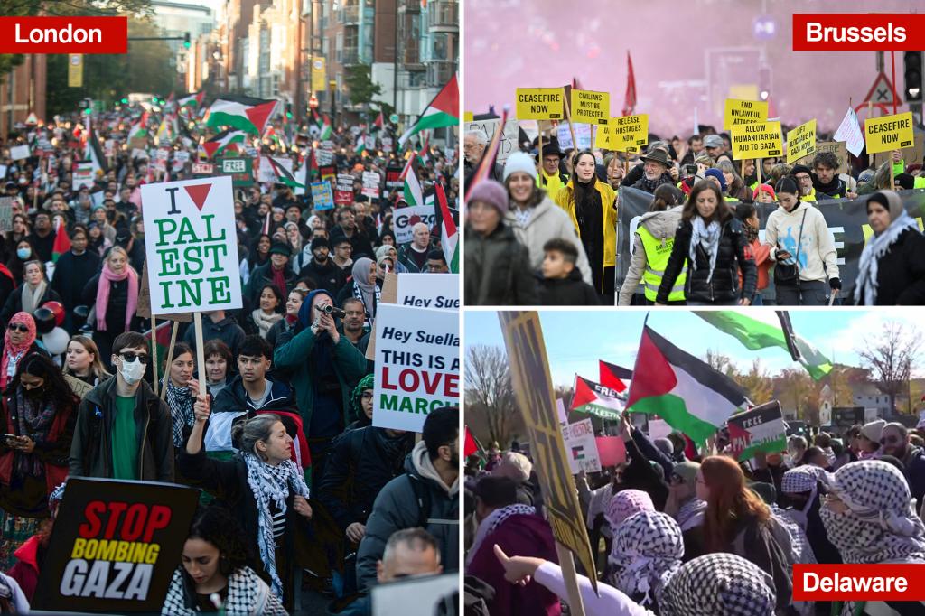 500,000 pro-Palestinian protesters crowd London as US protest takes place near Biden mansion in Delaware