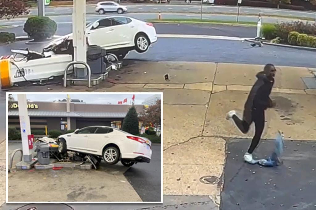 Alleged car thief crashes and knocks over gas pump a week after being freed for alleged robbery at knifepoint