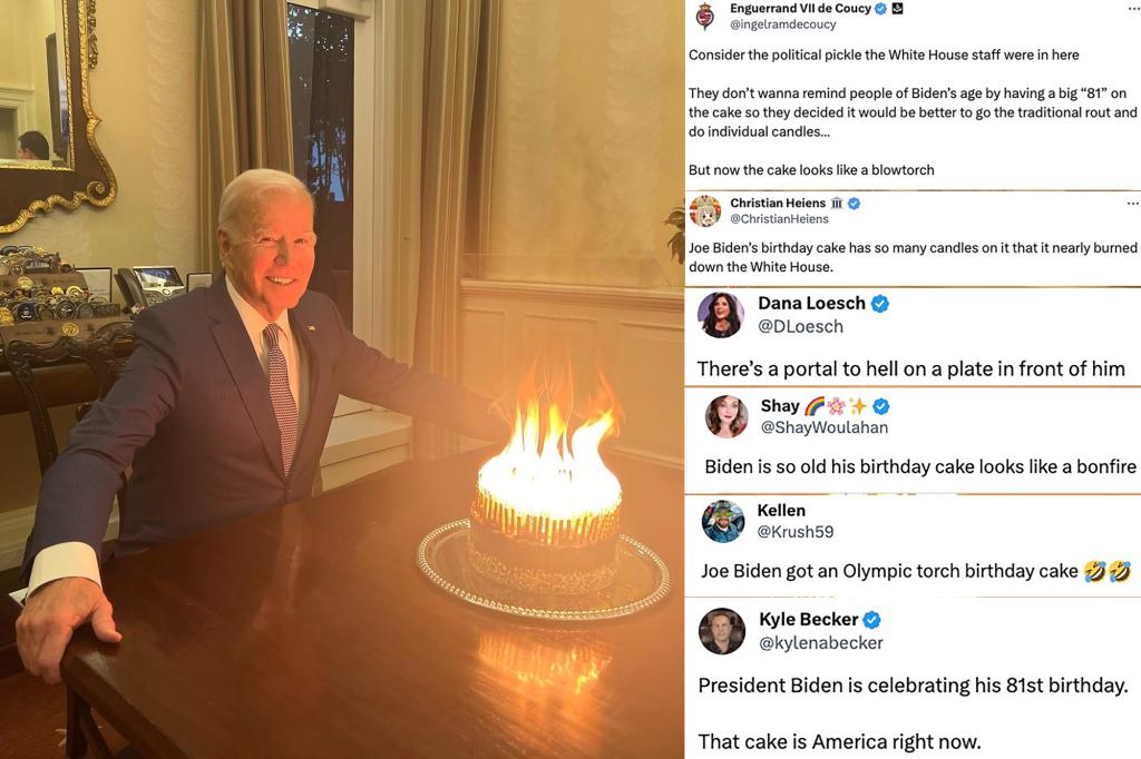 Biden is mercilessly mocked for posing with a birthday cake with 81 lit candles