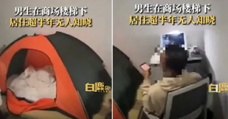 Chinese man camps under mall stairs for 6 months, sets up tent and computer