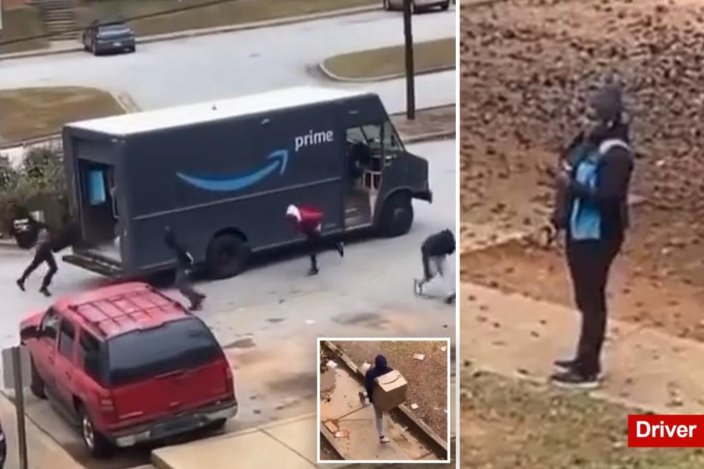 Helpless Amazon driver watches as a group of looters attack his truck