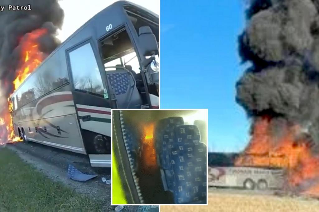 Heroic moment police run towards bus engulfed in flames to rescue students on board: video