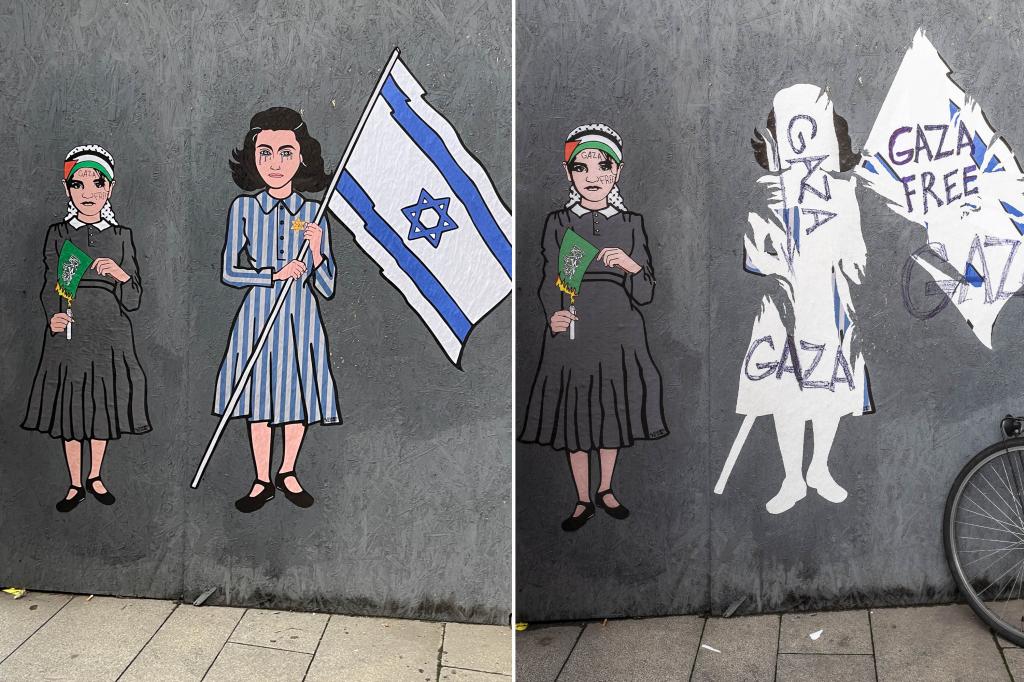Italian mural depicting a teary-eyed Anne Frank holding an Israeli flag painted and vandalized with the words "Free Gaza"