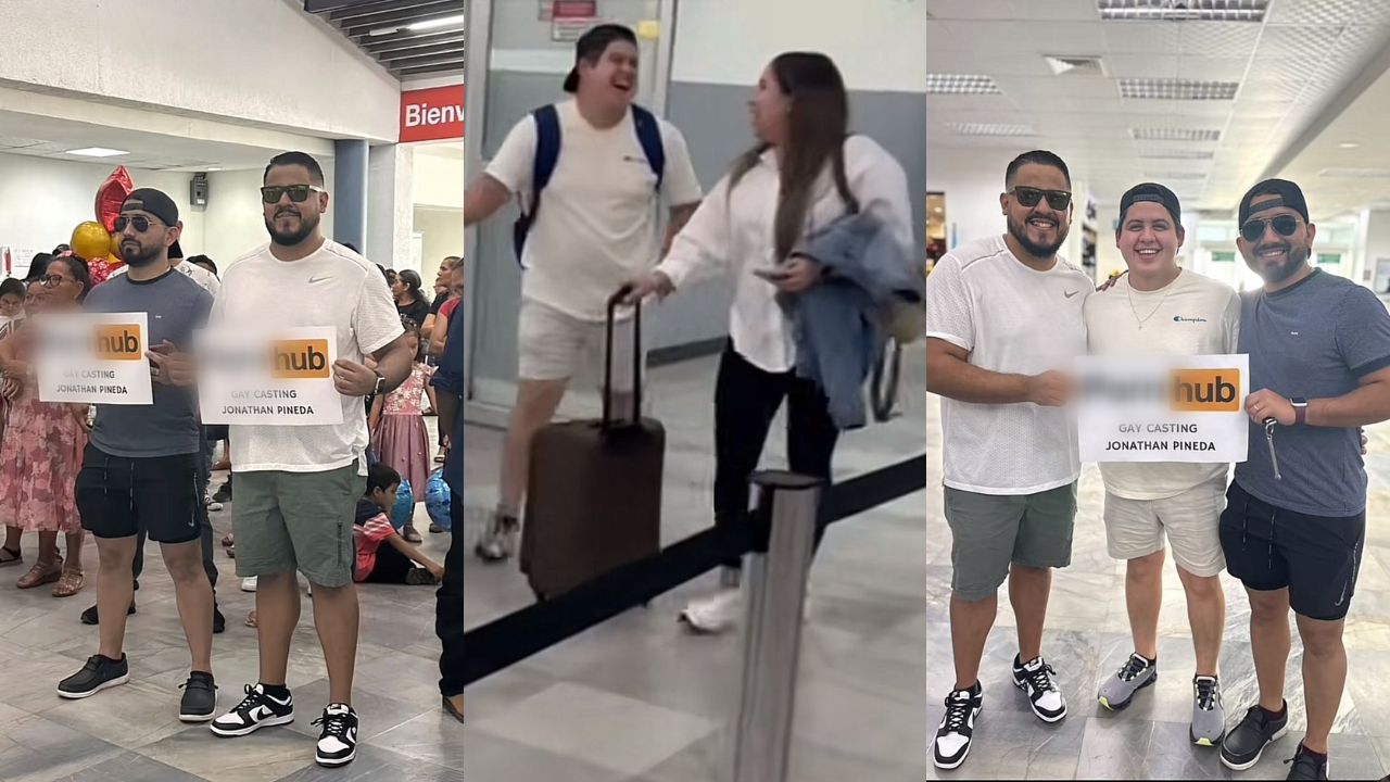 Un video se hizo viral en TikTok que muestra como un joven fue recibido por sus amigos en el aeropuerto con pancartas como si fuera un actor de cine para adultos.