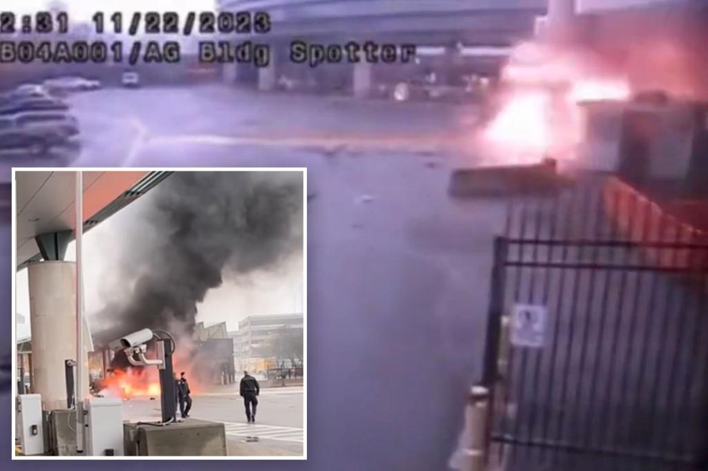 Shocking videos capture the moment a car goes airborne and explodes on the Rainbow Bridge on the border between the United States and Canada