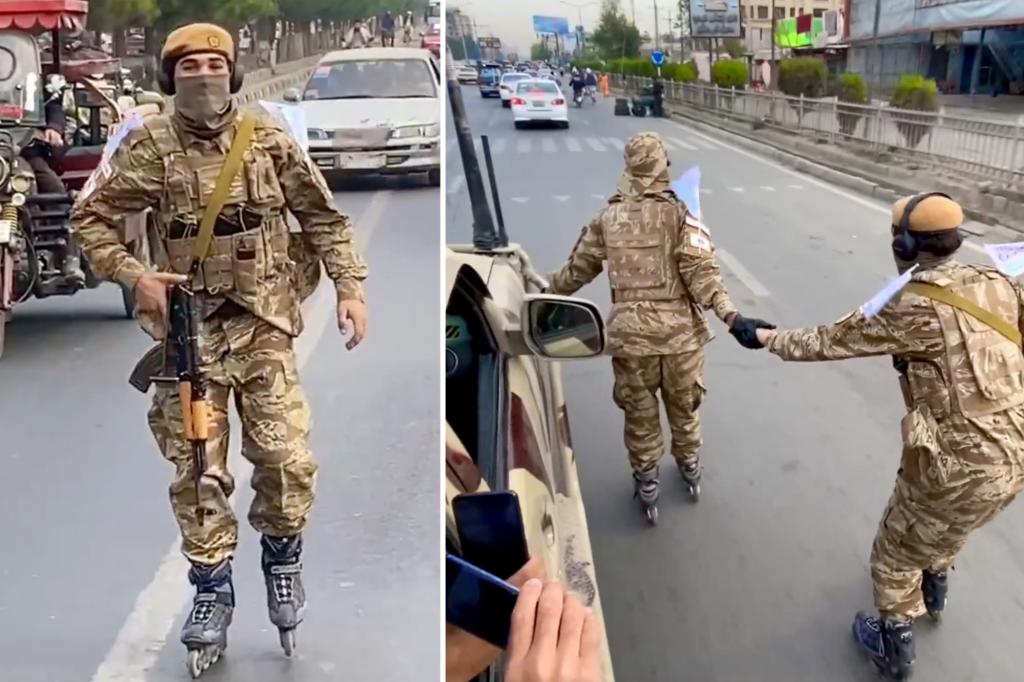 Taliban are seen patrolling the streets of Kabul on roller skates with AK-47s
