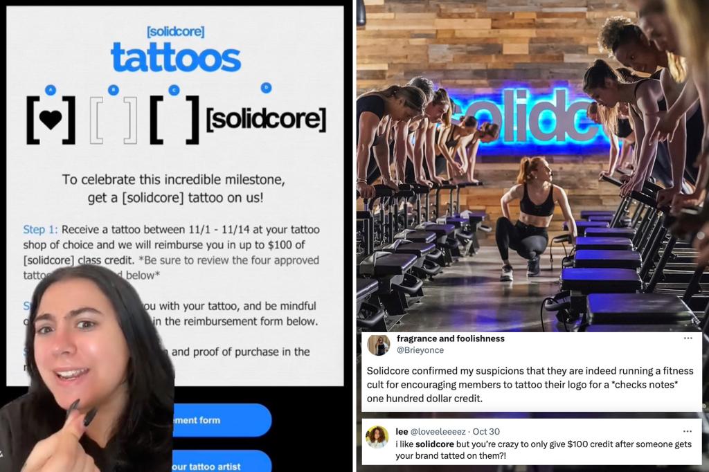 The expensive pilates studio offers a $100 credit only if you get their logo tattooed on your body, 'avoid cheeky areas';  They are quick to mock it as 'cult'