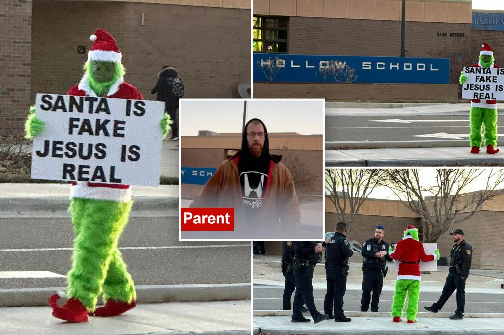 Grinch stands outside elementary school holding a sign that says "Santa is fake," angering parents and scaring children