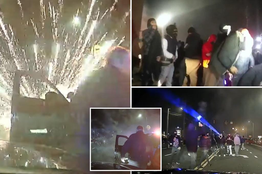 Moment when an unruly crowd sets off fireworks and attacks police during a street takeover in Connecticut