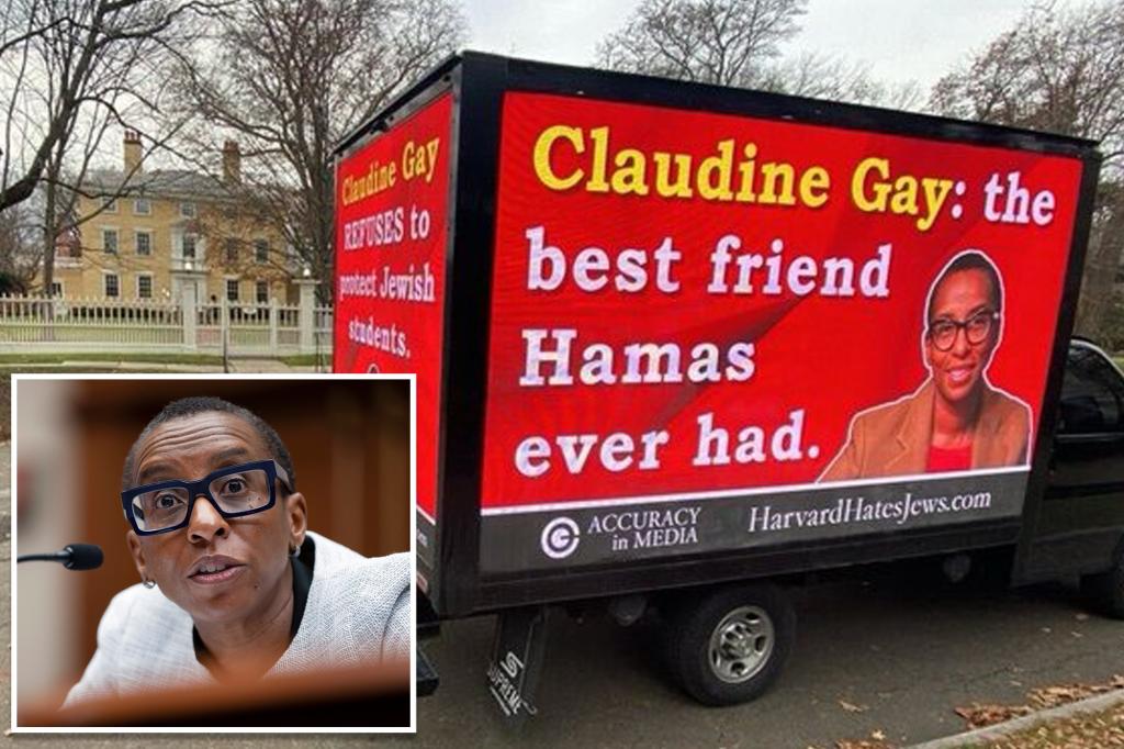 Trucks with billboards displayed at Harvard demanding the firing of President Claudine Gay