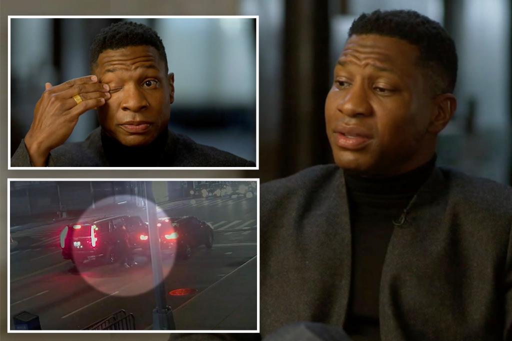 Jonathan Majors wipes away tears and says he was "shocked and scared" by the assault conviction.