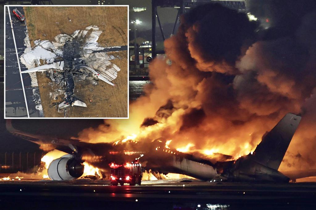 Photos show melted remains of the plane that caught fire at Tokyo airport as air traffic control tapes reveal confusion.