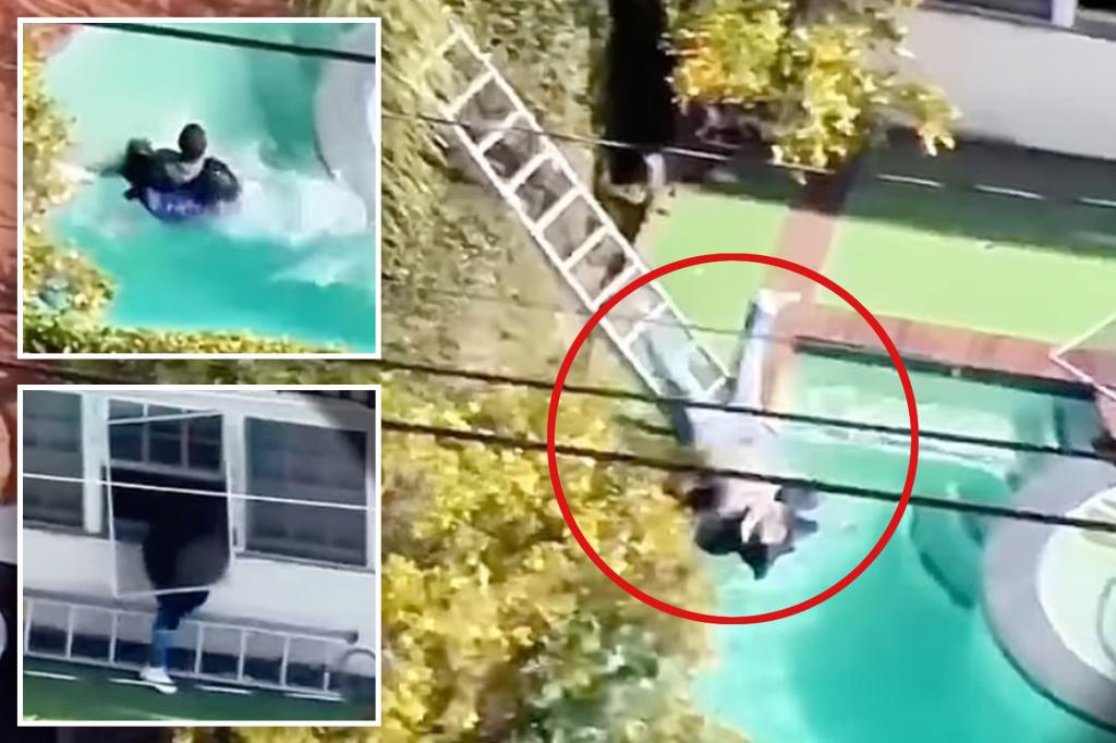 Drone video captures clumsy thief falling from ladder into Beverly Hills pool