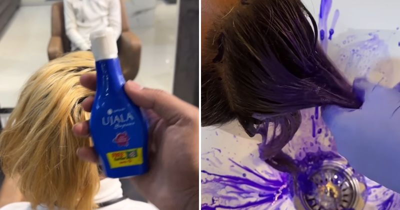 The stylist uses Ujala as a dye in the client's hair