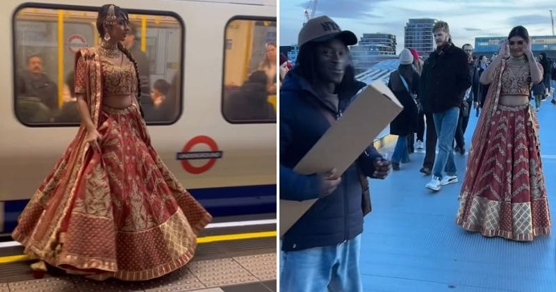 Woman wears Lehenga on the London Underground